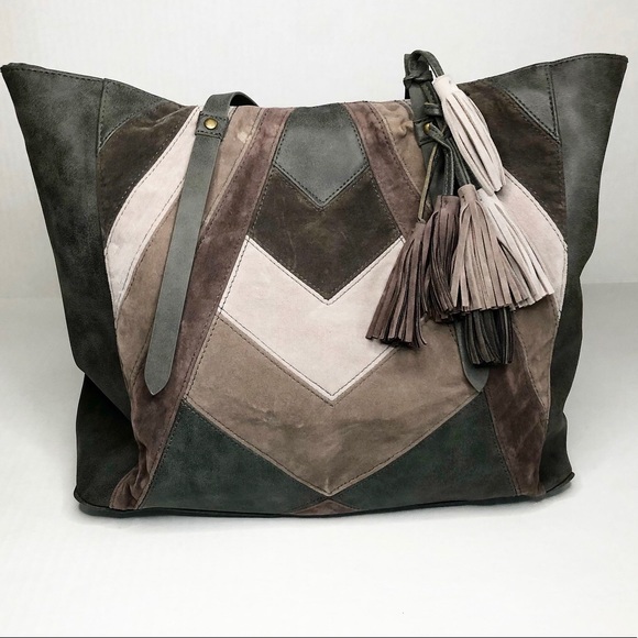 T-Shirt & Jeans Gray & Tan Tote Purse w/ Tassels - Picture 1 of 11